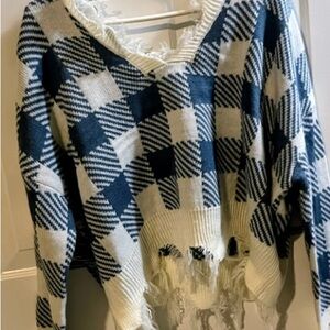 Distressed Plaid V-Neck Sweater in Navy & Cream